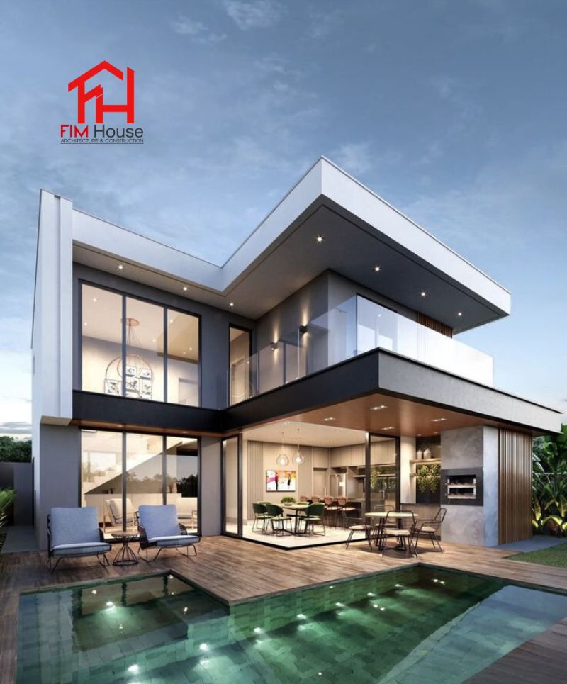 Không gian sống ngoài trời hướng hồ với hồ bơi nhỏ