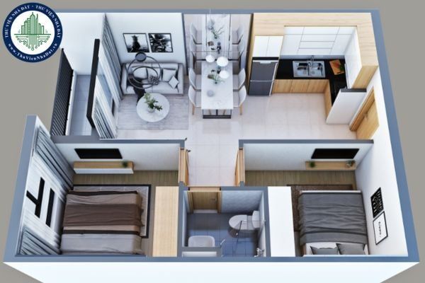 Không gian phòng ngủ và phòng làm việc trong căn hộ