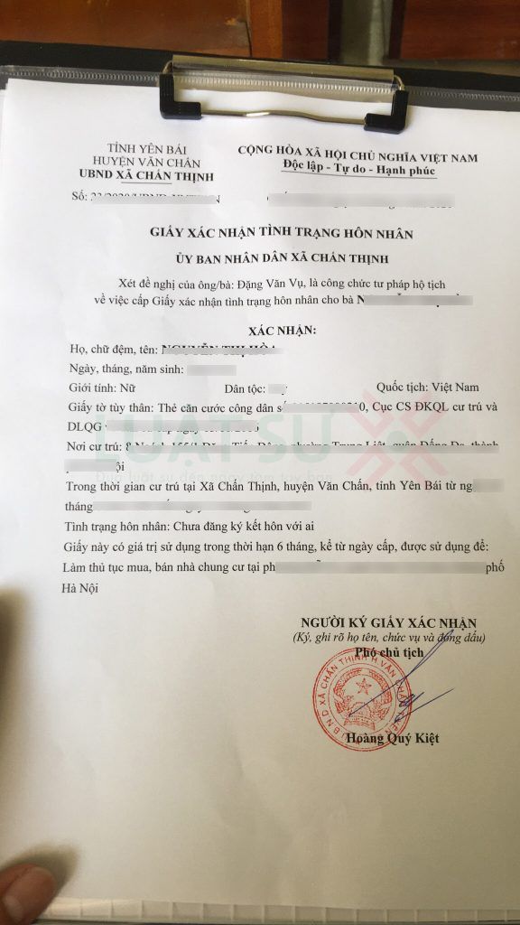 Giấy xác nhận tình trạng hôn nhân khi sang tên sổ đỏ