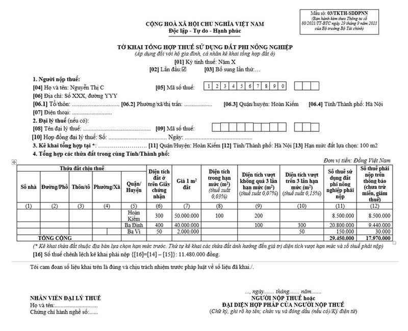 Mẫu tờ khai thuế (ví dụ mẫu 03/TKTH-SDDPNN)