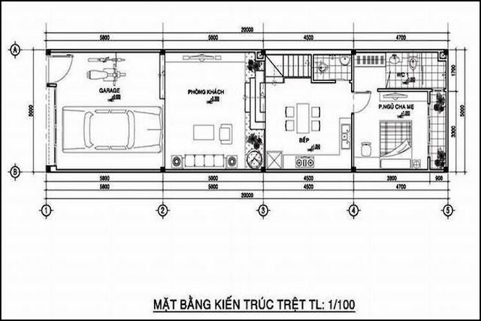 Bản vẽ mẫu nhà phố 5x16 tầng trệt