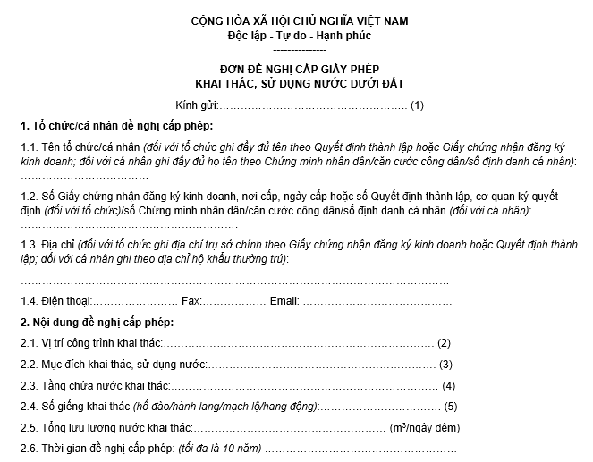 Mẫu đơn đề nghị cấp phép