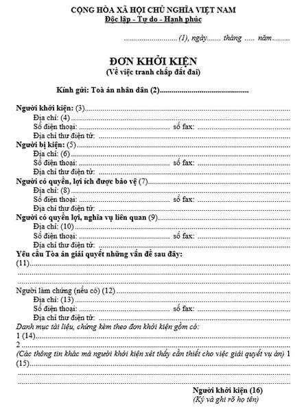 mẫu đơn khởi kiện tranh chấp đất đai - ví dụ khác