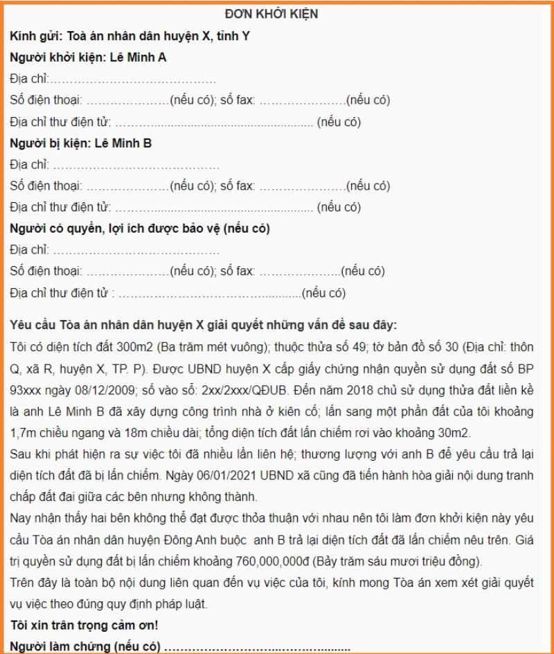mẫu đơn khởi kiện tranh chấp đất đai