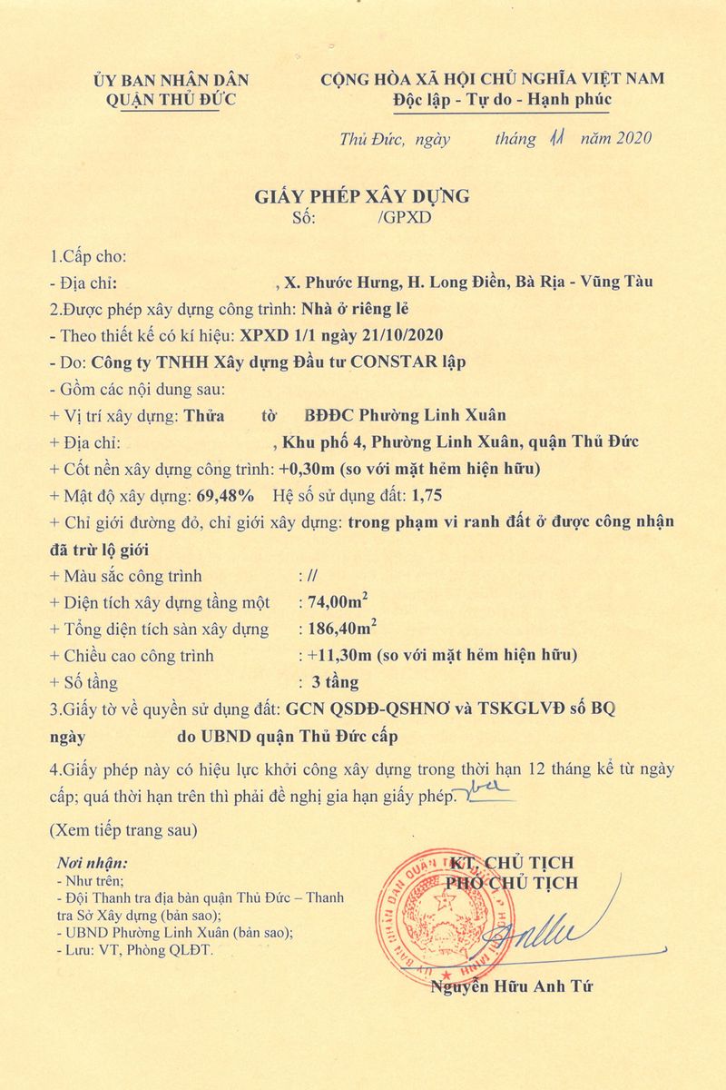 Mẫu giấy phép xây dựng tham khảo