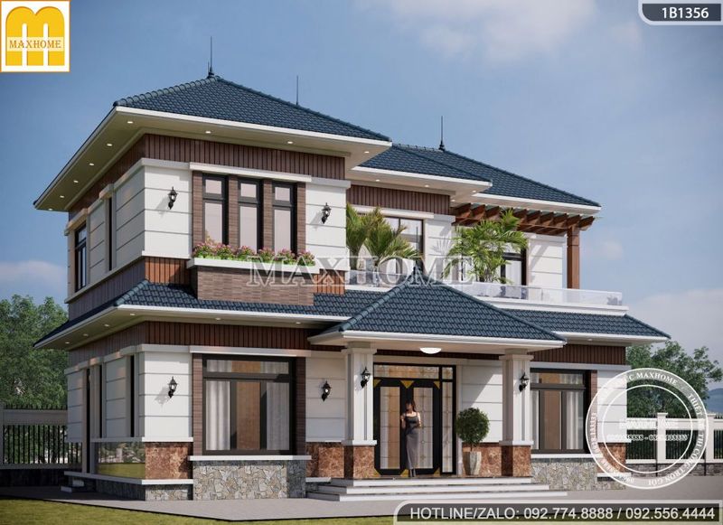 Mẫu biệt thự 2 tầng mái nhật mặt tiền 13m