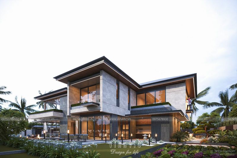 Biệt thự hiện đại 400m² – phối cảnh mặt tiền và sân vườn