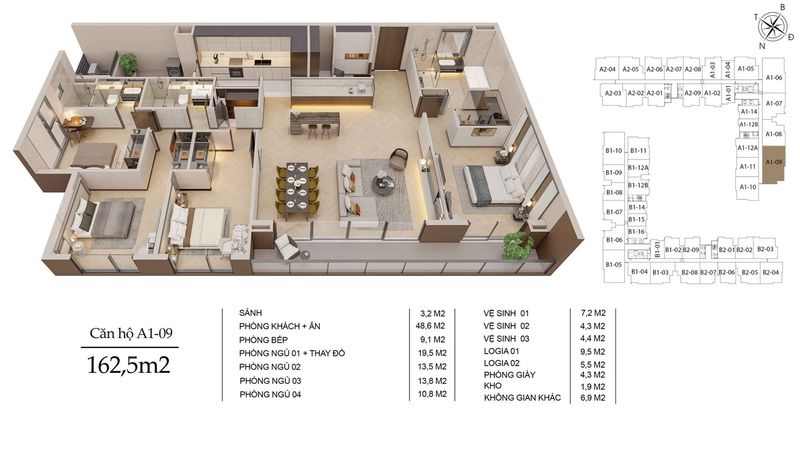 Mẫu bố trí căn hộ 4PN tham khảo cho dự án Long Biên Central
