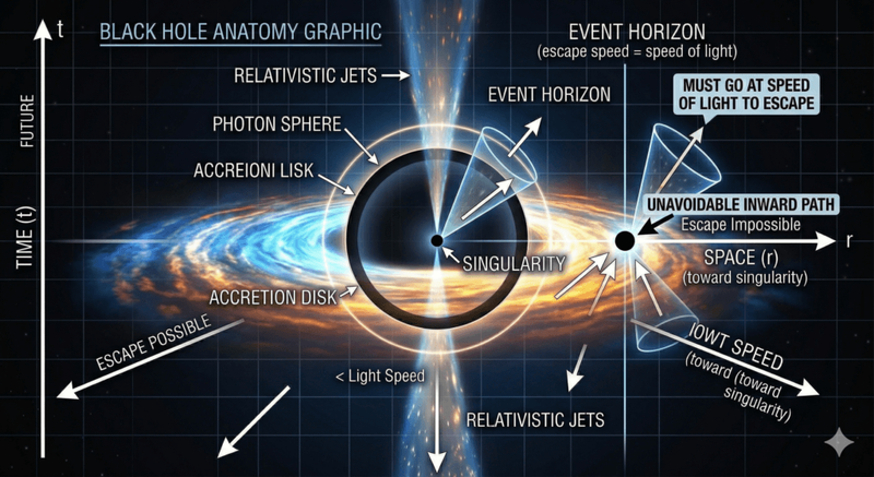 Minh họa 'singularity' và vùng chân trời sự kiện