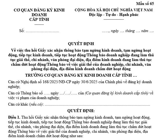 Minh họa văn bản quyết định và thông báo tạm ngừng kinh doanh