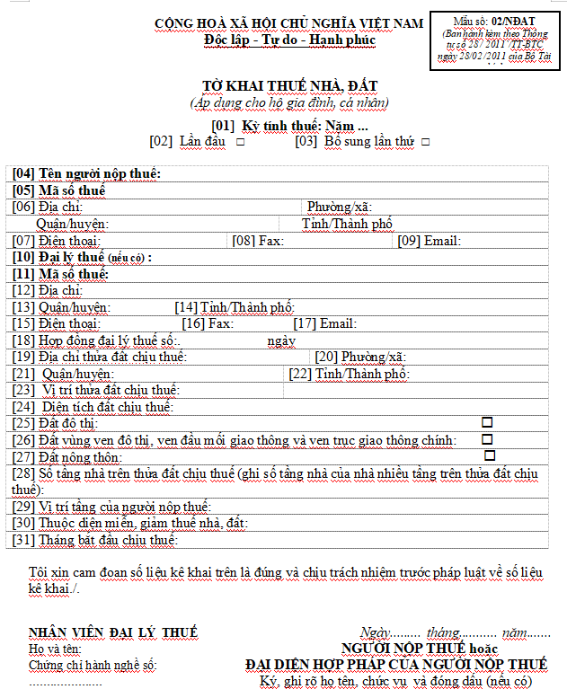 Biểu mẫu kê khai thuế sử dụng đất