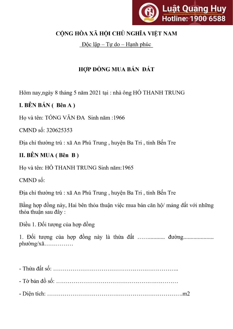 Mẫu hợp đồng mua bán đất Việt Tây