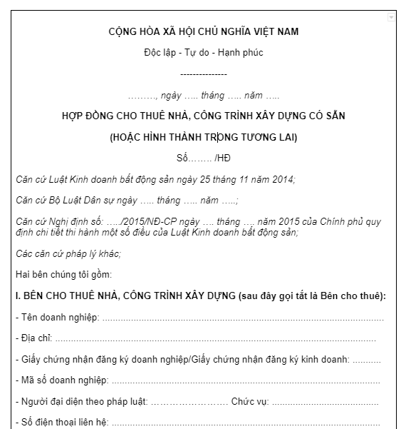 Mẫu hợp đồng thuê nhà xưởng kho bãi