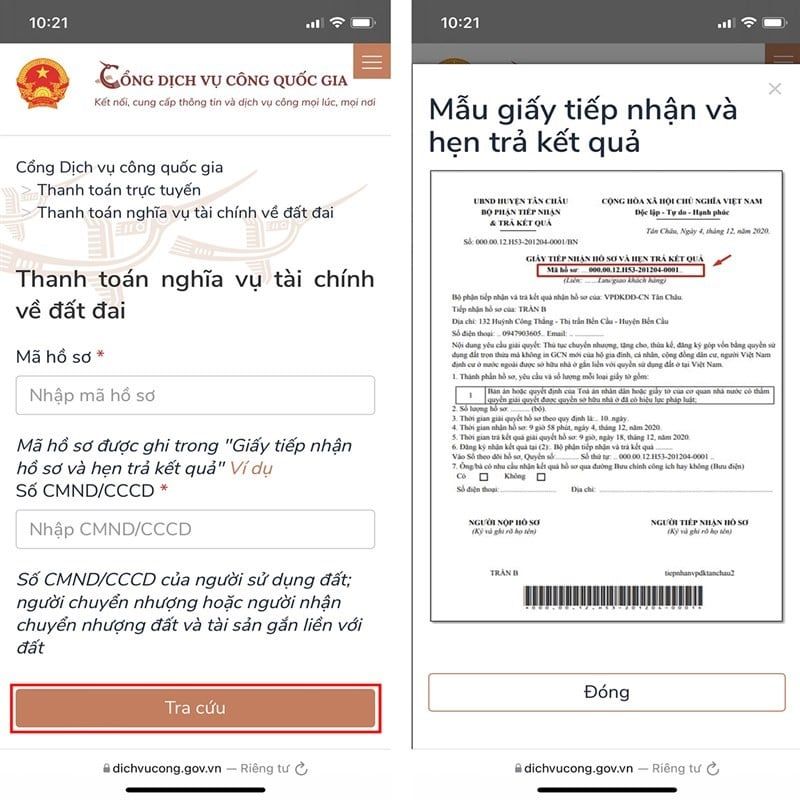 Nhập mã hồ sơ và số CMND/CCCD của người liên quan đến quyền sử dụng đất