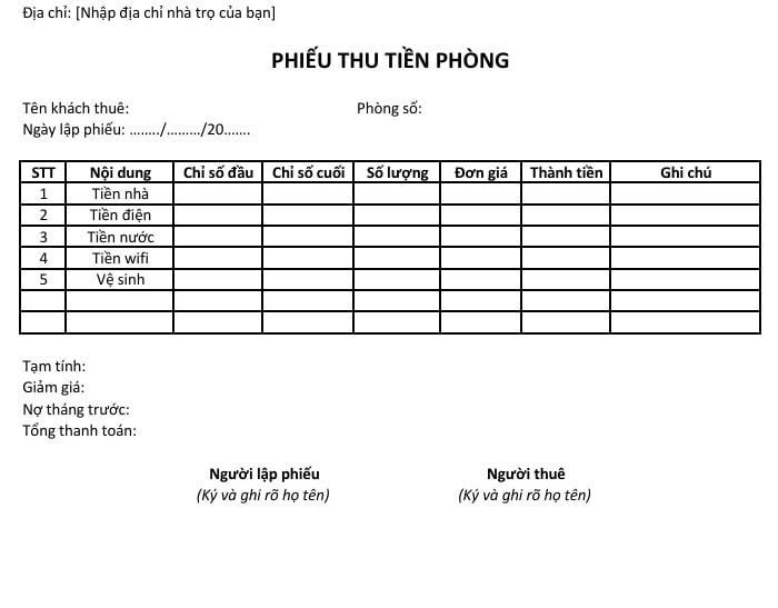 Phiếu tính tiền phòng trọ