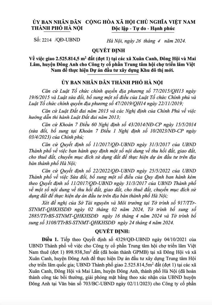 Quyết định giao đất Vinhomes Cổ Loa